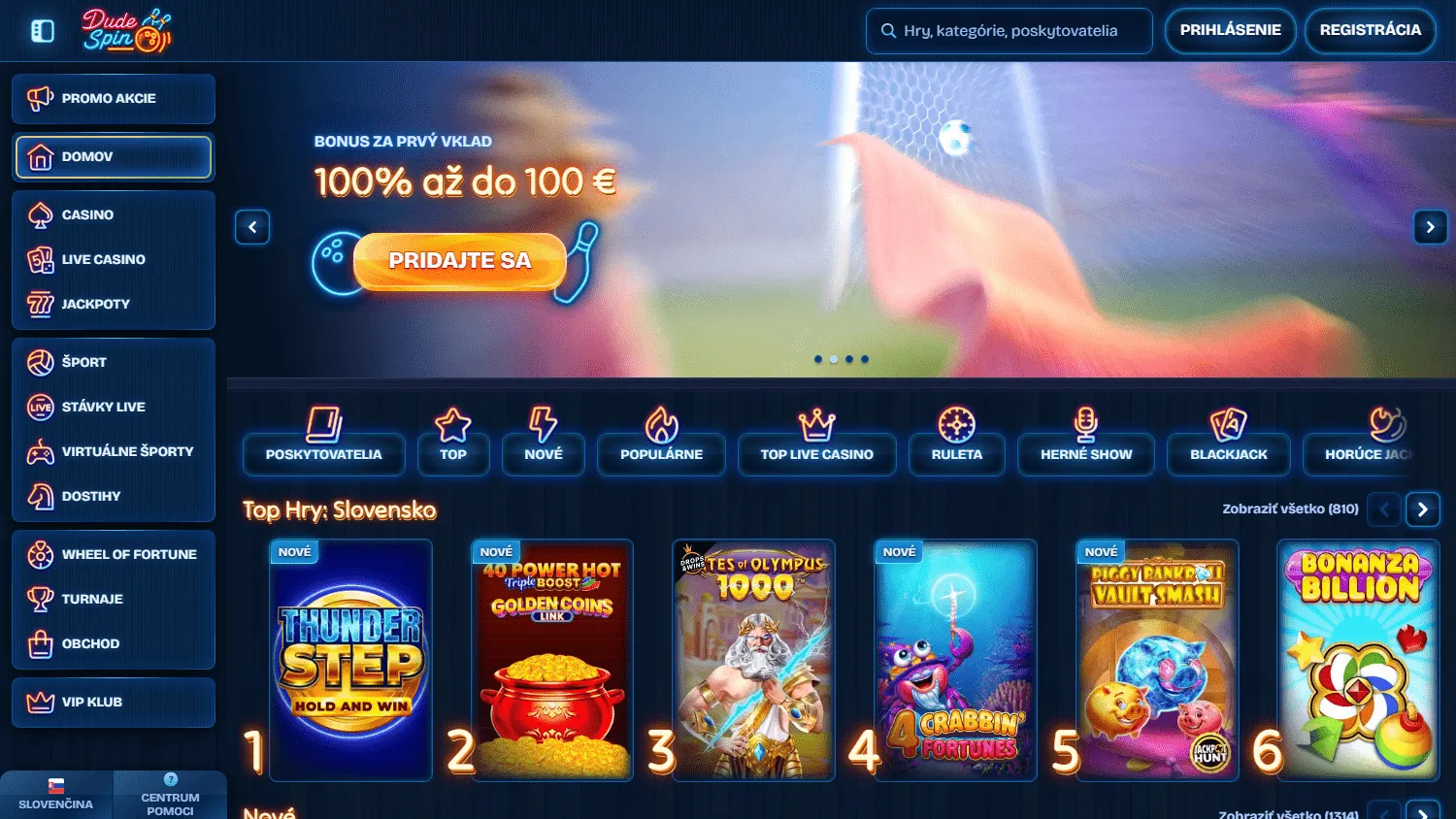 Dudespin Casino home screen on desktop