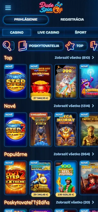 Dudespin Casino games screen on a mobile device