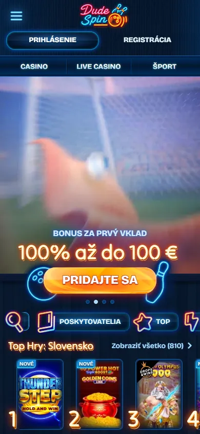 Dudespin Casino home screen on a mobile device
